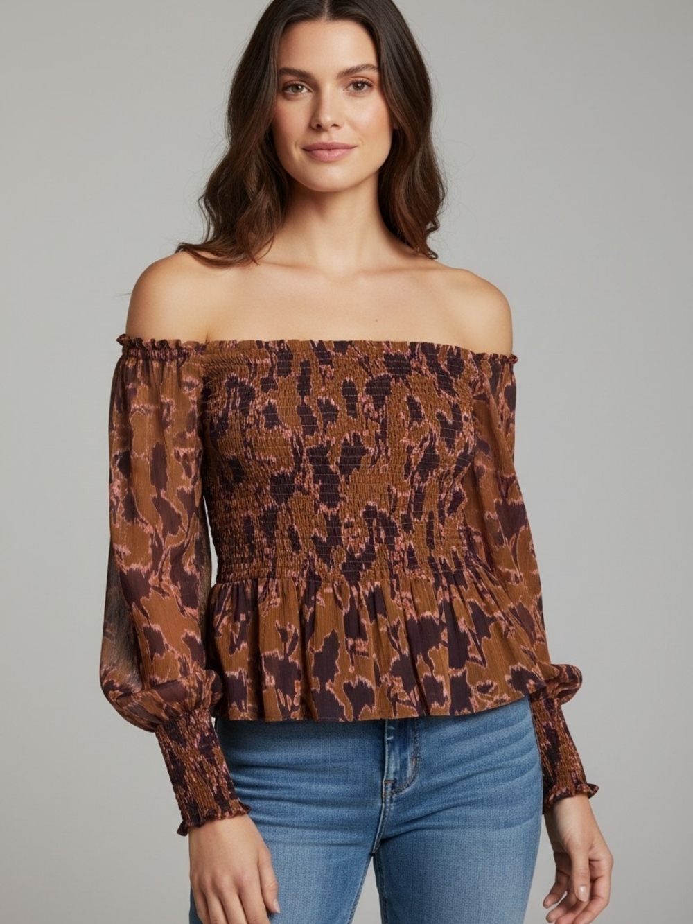 Nine West XL Off The Shoulder Smocked Peplum Top Brown Pink Abstract Lurex